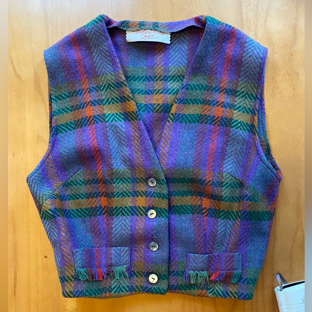 RARE 60’s Wool Plaid Crop Tapered Fringe Vest Barbara Field by Joyce of Chicago